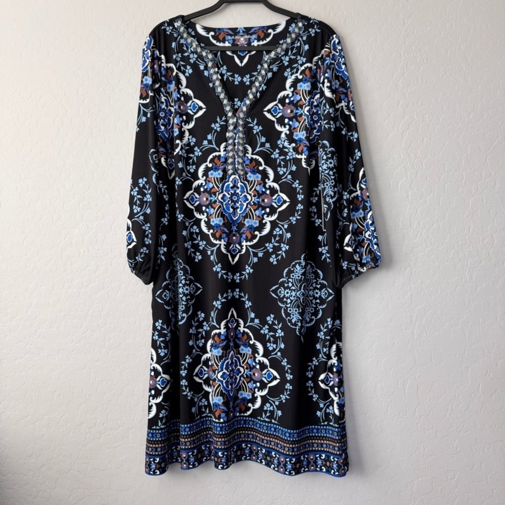 NWT Soft Surroundings Black Midi Dress Beaded Neckline Floral Print Casual XL